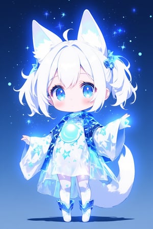 chibi girl, front view, .Anthropomorphized fox Girl:Pure white hair tied into high twin ponytails, with a blue sheen at the ends Blue eyes, like stars shining in the night sky White clothing featuring a blue glowing moon pattern on the chest A translucent fiber optic skirt with blue LED lights, mimicking the starry sky Light and semi-transparent white shawl embroidered with blue crescent moons and stars Two pairs of white fox ears and a long fox tail, with a blue LED light at the tip of the tail Boots adorned with blue fiber optics, giving a futuristic feel White fingertip touchscreen gloves.full body,chibi, sanrio style, flat 2D colour ,lyh_niji