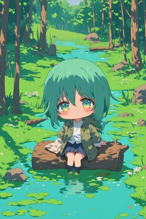 a woman sitting on a log in a swamp,anime,lyh_niji,chibi,lyh_nendo