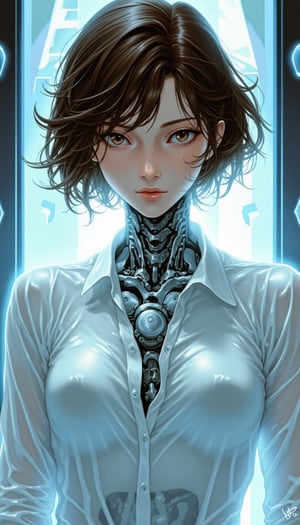 Cyberpunk female android wearing a white shirt, ((The shirt is wet and transparent)),see-through clothes, A cybernetic body can be seen underneath, light reflecting off the mirrored mechanical body, short wavy brown hair, and piercing eyes. Mechanical neck and chest with intricate details. Futuristic background with holographic elements. Anime style, high-contrast lighting, detailed mechanical parts, elegant yet robot-like poses, and a sophisticated and mysterious atmosphere.