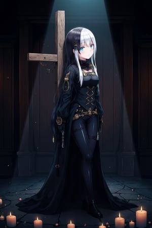 In a dimly lit chamber filled with the aroma of aged wood and incense, an anime-styled female character stands out with her striking white and black hair and bright aqua eyes. Dressed in a black leather ensemble adorned with metallic skulls and crosses, she leans against a gothic cross, exuding strength and enigma. The atmosphere is alive with whispers of forgotten souls and hints of wandering zombies, creating a scene of dark magic and mystery.
AI