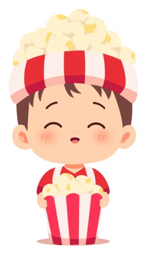 Create an illustration of a popcorn vendor. front view. wearing a traditional striped uniform of red and white, complete with a matching cap. chibi style, flat 2D colours, children book style, VECTOR, sanrio style 