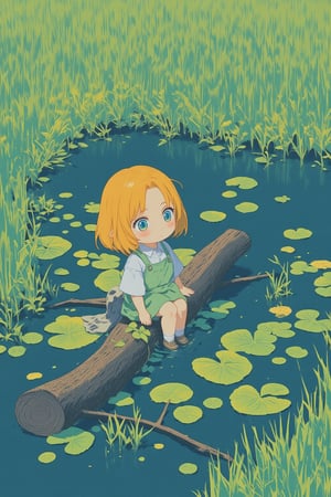 a woman sitting on a log in a swamp,chibi,lyh_nendo,lyh_niji