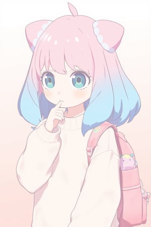 cute anime-style girl with long, wavy hair in pastel blue and pink tones. She has large, expressive eyes in a soft blue color and is wearing a cozy white sweater. She has two large bows in her hair, matching the pastel colors of her hair. She holds her hand to her lips in a shy, thoughtful pose. On her back is a pastel pink backpack, with a small stuffed animal and colorful accessories attached to it. The overall color palette is soft and dreamy, with bright pastel tones and gentle lighting,anya