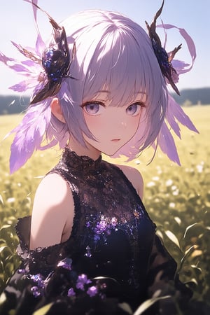 (Stunning illustration of upper body and close-up face of a little cute girl.:1.8), masterpiece. anime. bewitching color, depth of field, soft lighting, sharp focus,face focus, In a sprawling, sun-drenched wildflower meadow, a highly intricate and fantastical portrait comes to life, featuring a mysterious, ethereal character with a surreal, insect-inspired aesthetic. The soft, golden rays of the sun cast a warm glow over the scene, illuminating the delicate porcelain-pale skin of the character, while gentle breezes carry the sweet fragrance of blooming wildflowers and fresh grass. This serene environment contrasts with the character’s striking appearance, creating an enchanting juxtaposition. The character’s silvery-lavender hair flows like a silken waterfall around their face and shoulders, caught playfully by the breeze. As the character lifts their chin, sunlight filters through the strands, casting shimmering reflections of lavender hues, which dance in the air like ethereal wisps. Their large, expressive eyes, an otherworldly shade of pale opalescence, draw the viewer in, with long, fine eyelashes that flutter like delicate wings, adding an air of fragility and dreaminess to their gaze. The evening light plays softly across their face, accentuating the slender curve of their cheekbones and hinting at a quiet melancholy that envelops them. Dressed in an elaborate, gothic-inspired garment that billows gently in the wind, the character embodies elegance and grace. The dark fabric is adorned with intricate lace-like patterns etched in shimmering silver and white, catching glimmers of light as they move. Elegant embroidery swirls around the collar and shoulders, showcasing detailed floral and vine motifs that mirror the natural beauty of the surrounding meadow, further blending the character into this magical landscape. From their back extend large, translucent wings resembling those of a delicate moth or dragonfly. These magnificent wings glisten with an iridescent sheen, shifting subtly from pastel purples and blues to shimmering whites depending on the angle of the light. As they flutter lightly, the intricate veining and delicate organic patterns on the wings create a soft, ethereal glow that compliments the golden backdrop of sunlit blooms. Nearby, dark, segmented, insect-like appendages entwine around the character’s body and hair, mixing sharp, armored shapes with the gentleness of their being. Adorned with violet and black accents, these appendages evoke the curled legs or antennae of a creature from dreams, adding an alluring yet unsettling quality to the overall image. Resting on the character's hair is a striking headpiece made of insect-inspired motifs, featuring shiny black and deep purple carapaces entwined with delicate, filigree-like details. This piece appears to emerge from the very fabric of nature itself, seamlessly merging the organic and ornamental elements of their design. Small, luminescent moths or butterflies with translucent wings flit around the character’s head, merging into the vivid play of light and shadow cast by their delicate hair and headpiece, as if they are drawn to this enchanting figure. Rich hues of soft whites, silvers, pale purples, and deep blacks create a mesmerizing color palette that reflects the beauty of twilight. The wildflower meadow, dotted with vibrant blossoms swaying gently in the breeze, serves as a dynamic backdrop, its colors resonating with the character’s attire. Faint, abstract shapes in the distance suggest movement and life, embodying the gentle rustle of nature while highlighting the character’s ethereal presence. The scene evokes a surreal beauty, quiet elegance, and an eerie, enchanting atmosphere, encapsulating the character as a breathtaking fusion of human and insect-like elements in a delicate, dreamlike form.