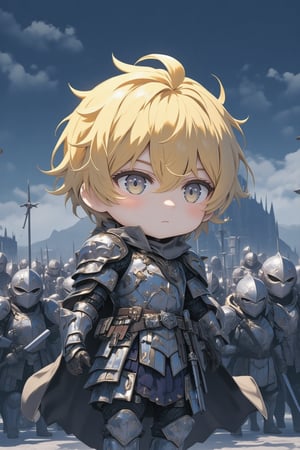  grey eyed, blond hair male warrior, standing in front of an army, wearing a suit of metal armour, stormy sky, mountain and castle,chibi,lyh_nendo