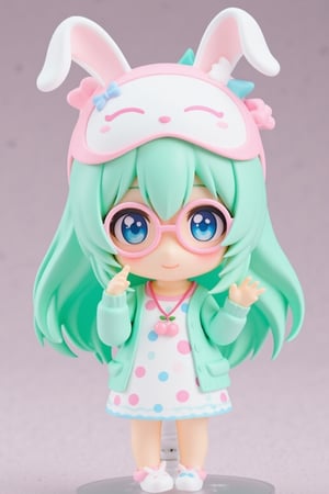 Cute anime-style chibi figurine of a girl with long, flowing turquoise hair. Large expressive blue eyes behind pink round glasses. Wearing a white polka-dot dress with pink and blue dots, pink trim, and a teal underskirt. Teal cardigan sweater. White and pink animal-shaped sleep mask on her head with closed eyes, small bone decoration, and blue bow. Pink bow in her hair. Pink cherry-shaped pendant necklace. White bunny-shaped slippers. Posing with one hand raised near her face. Cheerful expression. Highly detailed plastic figurine on a clear stand. Soft, pastel color palette. Professional product photography lighting and setup.,lyh_nendo,mia,ando