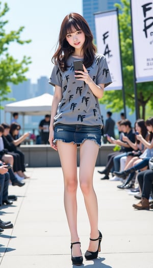 A cute K-pop idol in a stylish short skirt and high heels, posing for the camera at an outdoor fashion show with "F-day" banners. The background features a city park seating area with chairs lined up along a riverbank. She's holding her phone, capturing the moment on social media, wearing in shades of gray with a grunge aesthetic and patterns of the letter 'f' written all over the t-shirt, in high detail and natural light. 