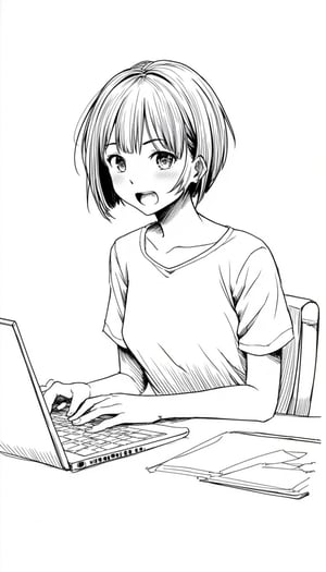 a rough marker sketch of a Asian teenage girl with short hair is using laptop while sitting in front of a desk, excited expression
