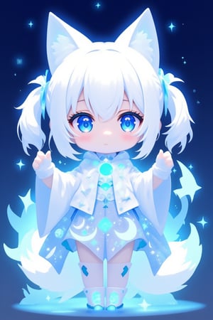 chibi girl, front view, .Anthropomorphized fox Girl:Pure white hair tied into high twin ponytails, with a blue sheen at the ends Blue eyes, like stars shining in the night sky White clothing featuring a blue glowing moon pattern on the chest A translucent fiber optic skirt with blue LED lights, mimicking the starry sky Light and semi-transparent white shawl embroidered with blue crescent moons and stars Two pairs of white fox ears and a long fox tail, with a blue LED light at the tip of the tail Boots adorned with blue fiber optics, giving a futuristic feel White fingertip touchscreen gloves.full body,chibi, sanrio style, flat 2D colour,lyh_nendo