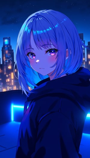 punk style, kawaii punk, Silver-haired purple-eyed girl, wearing a hood, looking at viewer, night, blue neon light, upper body, cyberpunk illustration, vivid, rooftop, night, rooftop, background with skyscrapers, cityscape --ar 3:2, cyber city