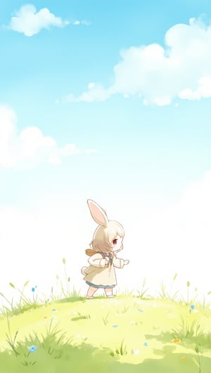 watercolor, bunny toddler girl in kindergarten lightblue smock walking fields, background blue sky,hatyuuruinohito style,the0neulost