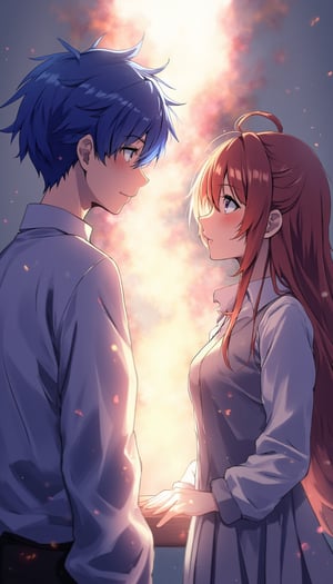  boy and girl facing each other,anime