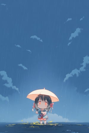 a girl, standing, holding a umbrella, rain, lookup the sky,chibi,lyh_nendo,lyh_niji