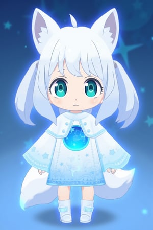 chibi girl, front view, .Anthropomorphized fox Girl:Pure white hair tied into high twin ponytails, with a blue sheen at the ends Blue eyes, like stars shining in the night sky White clothing featuring a blue glowing moon pattern on the chest A translucent fiber optic skirt with blue LED lights, mimicking the starry sky Light and semi-transparent white shawl embroidered with blue crescent moons and stars Two pairs of white fox ears and a long fox tail, with a blue LED light at the tip of the tail Boots adorned with blue fiber optics, giving a futuristic feel White fingertip touchscreen gloves.full body,chibi, sanrio style, flat 2D colour,anya