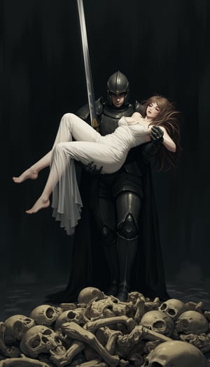 A dark fantasy painting of a knight in black armor carrying a wounded woman in a white dress. The knight is holding a large sword, and there is a pile of skeletons at their feet. The woman is clinging to the knight, and her hair is flowing in the wind. The knight is looking down at her with a determined expression. The painting is in a dark and gloomy style, with a lot of shadows and contrast. WLOP, trending on ArtStation, concept art, by Greg Rutkowski and Alphonse Mucha, intricate details, sharp focus, digital painting, anime,