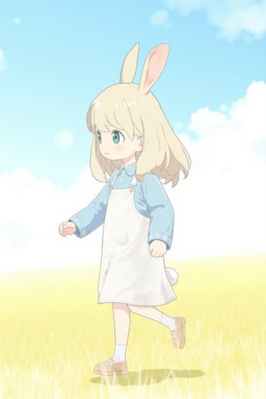 watercolor, bunny toddler girl in kindergarten lightblue smock walking fields, background blue sky,anya