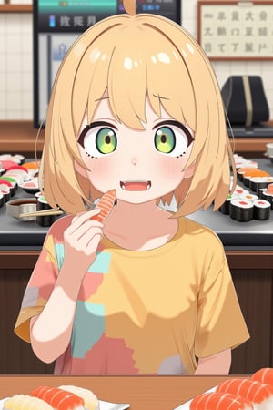 1 girl, cute girl eating nigiri sushi, 8K resolution, photorealistic style. Short blonde hair styled in a trendy bob cut. Bright, expressive eyes wide open with delight. She is wearing a casual, colorful t-shirt, holding a nigiri sushi in one hand, ready to take a bite, mouth slightly open revealing a glimpse of her teeth. Her cheeks are slightly puffed out to express delight. Sitting at the counter of a busy conveyor-belt sushi restaurant. In the background we can see a conveyor belt carrying colorful plates of sushi. On the conveyor we can see plates of nigiri sushi, on the counter we can see a small soy sauce dish and chopsticks. On the wall behind us is a digital menu screen. On the girl's face there is a look of pure delight and anticipation. Focus on the girl and the sushi, the restaurant environment provides context.,(gura:0.6)