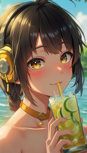 Girl with very beautiful face, headphones, lake, lemonade, 8K, close-up,lyh