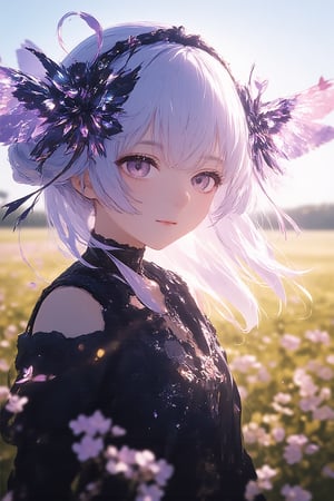 (Stunning illustration of upper body and close-up face of a little cute girl.:1.8), masterpiece. anime. bewitching color, depth of field, soft lighting, sharp focus,face focus, In a sprawling, sun-drenched wildflower meadow, a highly intricate and fantastical portrait comes to life, featuring a mysterious, ethereal character with a surreal, insect-inspired aesthetic. The soft, golden rays of the sun cast a warm glow over the scene, illuminating the delicate porcelain-pale skin of the character, while gentle breezes carry the sweet fragrance of blooming wildflowers and fresh grass. This serene environment contrasts with the character’s striking appearance, creating an enchanting juxtaposition. The character’s silvery-lavender hair flows like a silken waterfall around their face and shoulders, caught playfully by the breeze. As the character lifts their chin, sunlight filters through the strands, casting shimmering reflections of lavender hues, which dance in the air like ethereal wisps. Their large, expressive eyes, an otherworldly shade of pale opalescence, draw the viewer in, with long, fine eyelashes that flutter like delicate wings, adding an air of fragility and dreaminess to their gaze. The evening light plays softly across their face, accentuating the slender curve of their cheekbones and hinting at a quiet melancholy that envelops them. Dressed in an elaborate, gothic-inspired garment that billows gently in the wind, the character embodies elegance and grace. The dark fabric is adorned with intricate lace-like patterns etched in shimmering silver and white, catching glimmers of light as they move. Elegant embroidery swirls around the collar and shoulders, showcasing detailed floral and vine motifs that mirror the natural beauty of the surrounding meadow, further blending the character into this magical landscape. From their back extend large, translucent wings resembling those of a delicate moth or dragonfly. These magnificent wings glisten with an iridescent sheen, shifting subtly from pastel purples and blues to shimmering whites depending on the angle of the light. As they flutter lightly, the intricate veining and delicate organic patterns on the wings create a soft, ethereal glow that compliments the golden backdrop of sunlit blooms. Nearby, dark, segmented, insect-like appendages entwine around the character’s body and hair, mixing sharp, armored shapes with the gentleness of their being. Adorned with violet and black accents, these appendages evoke the curled legs or antennae of a creature from dreams, adding an alluring yet unsettling quality to the overall image. Resting on the character's hair is a striking headpiece made of insect-inspired motifs, featuring shiny black and deep purple carapaces entwined with delicate, filigree-like details. This piece appears to emerge from the very fabric of nature itself, seamlessly merging the organic and ornamental elements of their design. Small, luminescent moths or butterflies with translucent wings flit around the character’s head, merging into the vivid play of light and shadow cast by their delicate hair and headpiece, as if they are drawn to this enchanting figure. Rich hues of soft whites, silvers, pale purples, and deep blacks create a mesmerizing color palette that reflects the beauty of twilight. The wildflower meadow, dotted with vibrant blossoms swaying gently in the breeze, serves as a dynamic backdrop, its colors resonating with the character’s attire. Faint, abstract shapes in the distance suggest movement and life, embodying the gentle rustle of nature while highlighting the character’s ethereal presence. The scene evokes a surreal beauty, quiet elegance, and an eerie, enchanting atmosphere, encapsulating the character as a breathtaking fusion of human and insect-like elements in a delicate, dreamlike form.