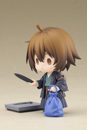 A blue bag is placed next to Nendo Katsura Kotonoha, who is standing holding a kitchen knife.,lyh_nendo,chibi