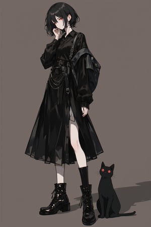 a woman in a black dress and boots standing next to a black cat,lyh_niji