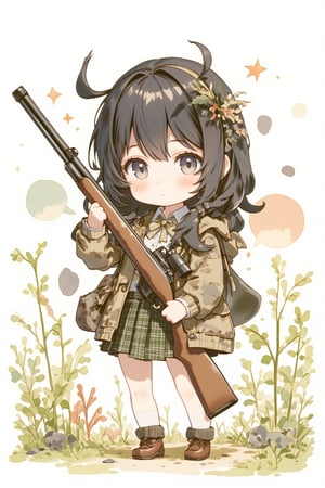 anime illustration,16 years old girl hunting with rifle,opening day of hunting season,detailed background,black hair or brown hair,wearing plaid skirt,white blouse with ribbon,camouflage,camouflage jacket,very cute pupils,magazine cover,the cutest face ever drawn,full body,photogravuer,standing,watercolor painting,lyh_nendo,chibi,nendo