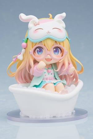 3D figure,Cute anime-style chibi figure, a girl with long flowing colorful Candy hair, Big expressive blue eyes behind pink round glasses. Wearing a white polka dot dress with pink and blue dots, pink trim and a teal blue underskirt. Teal blue cardigan sweater, white and pink animal shaped eye mask on head with eyes closed, small bone decoration and blue ribbon. Pink ribbon in hair,Pink cherry shaped pendant necklace. White rabbit shaped slippers,Posed with one hand raised close to face. Bright expression, figure is immersed in a miniature bathtub full of bubbles,sit down, Very well-made plastic figure on a clear stand. Soft pastel color palette. Professional product photography lighting and setup.,lyh_nendo,nendo