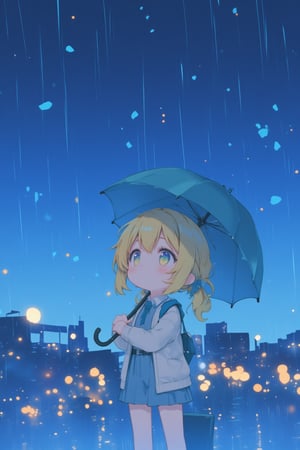 a girl, standing, holding a umbrella, rain, lookup the sky,chibi,lyh_nendo