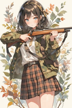 anime illustration,16 years old girl hunting with rifle,opening day of hunting season,detailed background,black hair or brown hair,wearing plaid skirt,white blouse with ribbon,camouflage,camouflage jacket,very cute pupils,magazine cover,the cutest face ever drawn,full body,photogravuer,standing,watercolor painting,lyh_niji