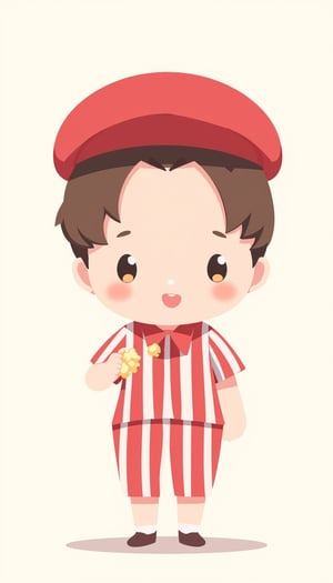 Create an illustration of a popcorn vendor. front view. wearing a traditional striped uniform of red and white, complete with a matching cap. chibi style, flat 2D colours, children book style, VECTOR, sanrio style 