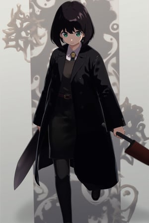 short black hair with black eyes wearing a black coat while wielding a machete in hand, age around 22 years old,anya