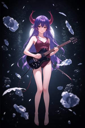 Devil girl playing guitar, dark cemetery,full body,colorful,chibi