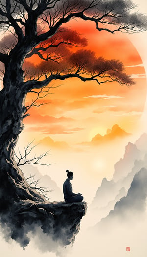 ink human,Meditationist man, sunset, muted colors, huge tress, on sky, cloudy,sun, negative space, chinese ink drawing