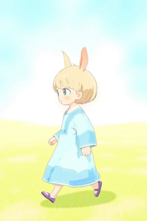 watercolor, bunny toddler girl in kindergarten lightblue smock walking fields, background blue sky,anya