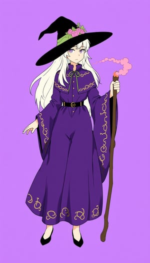 A full-body drawing of an elegant and mysterious witch in the style of Studio Ghibli. She has long white hair, a purple cloak with gold patterns, a black hat adorned with flowers, and is holding a staff that spits out pink smoke. The image features fantasy elements, a purple background, flat colors, and cel shading. multiple poses and expressions