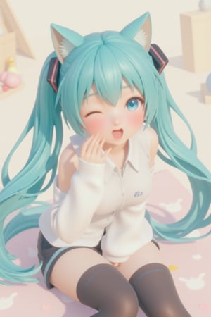 1girl,PVC,Hatsune Mi resin figure, posing cutely with a big yawn. Hatsune Miku has cat-like ears and blue-green twin tails, and wears a white long-sleeved shirt with a small Miku logo on the chest. Miku was also wearing black shorts with soft pastel stripes and thigh-high socks, with only one eye open and her mouth open. He looks sleepy. The background has a soft and minimalist feel, giving it a lovely look and a cozy feel. Masu. Emphasizes a relaxed atmosphere. 