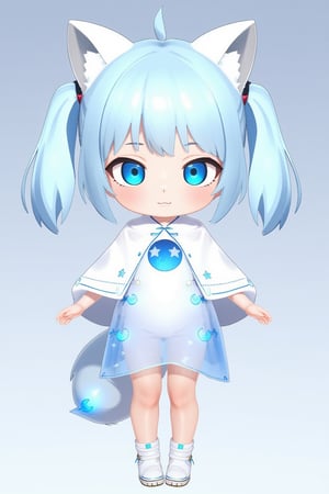 chibi girl, front view, Anthropomorphized fox Girl: Pure blue hair tied into high twin ponytails, with a blue sheen at the ends Blue eyes, like stars shining in the night sky White clothing featuring a blue glowing moon pattern on the chest A translucent fiber optic skirt with blue LED lights, mimicking the starry sky Light and semi-transparent white shawl embroidered with blue crescent moons and stars Two pairs of white fox ears and a long fox tail, with a blue LED light at the tip of the tail Boots adorned with blue fiber optics, giving a futuristic feel White fingertip touchscreen gloves.full body,chibi, sanrio style, 3D colour