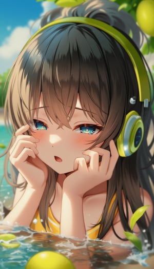 Girl with very beautiful face, headphones, lake, lemonade, 8K, close-up,lyh