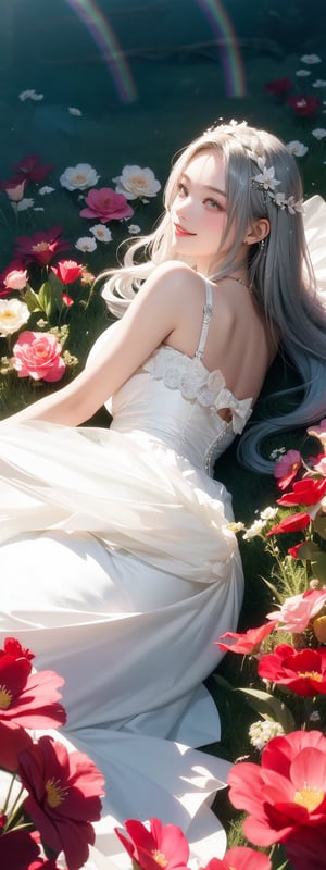 1girl, portrait, white lace dress, silver hair, long hair, windy, floating hair,lying on flower fiels, smile, sharp focus,
(rainbow color flower field:1.1), from above, 
,cinematic angle,
,(masterpiece:1.2),(best quality:1.2),(very aesthetic:1.2),(absurdres:1.2),ai-generated,newest,intricate, ,delicate colors, illustration, bright colors, beautiful,vibrant colors, masterpiece, sharp focus, best quality, depth of field, cinematic lighting,  