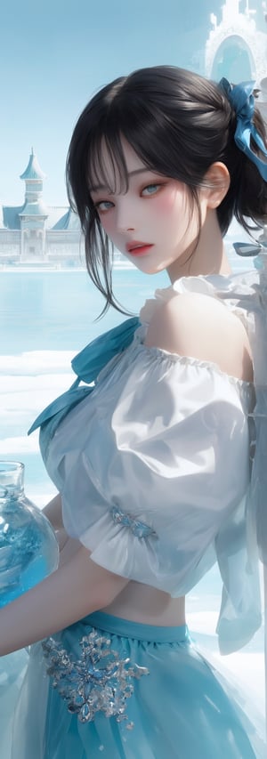 (((masterpiece))),best quality, illustration,(beautiful detailed girl),beautiful detailed glow,detailed ice,beautiful detailed water,(beautiful detailed eyes),expressionless,(floating palaces),azure hair,disheveled hair,long bangs, hairs between eyes,(skyblue dress),black ribbon,white bowties,midriff,{{{half closed eyes}}},big forhead,blank stare,flower,large top sleeves