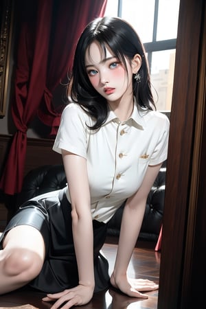 best quality,highly detailed,masterpiece,ultra-detailed,illustration,1girl,solo,an extremely delicate and beautiful girl,an extremely delicate and beautiful,beautiful detailed eyes,full body,bangs,silver hair,collared shirt ,black silk stocking,hair_pull,nose blush ,blush