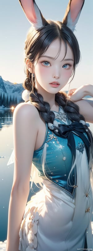 original, (masterpiece), (illustration:1.1), (detailed and beautiful), (perfect details), (unity CG 8K wallpaper:1.05), (beautiful and clear background:1.25), (depth of field:0.75), (1 (cute young girl:0.9) with long silver hair, ((snowflake:0.4) head ornament on hair:1.1) and (rabbit ears:1.1) stands aside the (frozen lake with (forest and mountain:1.1):1.35) under the (sunset:1.2) in the (winter:0.65):1.1). (detailed beautiful eyes:1.2), (beautiful face:1.2), (hair blowing with the wind:1.05), (blue eye:1.1), solo, (snow:0.4), aurora, stars.
