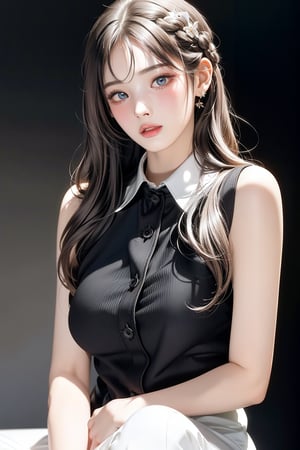 best quality,highly detailed,masterpiece,ultra-detailed,illustration,1girl,solo,an extremely delicate and beautiful girl,an extremely delicate and beautiful,beautiful detailed eyes,full body,bangs,silver hair,collared shirt ,black silk stocking,hair_pull,nose blush ,blush