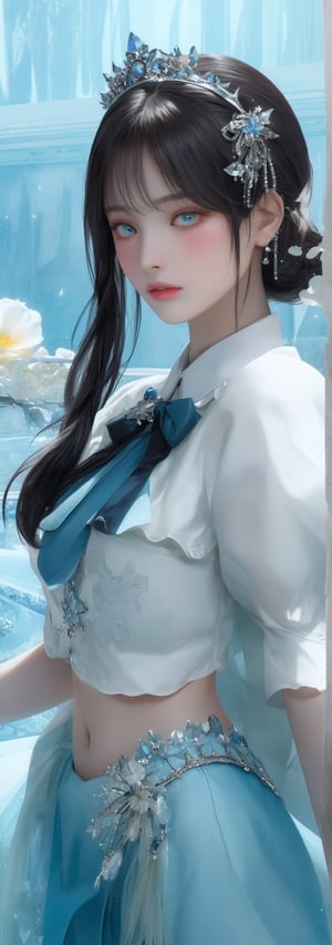 (((masterpiece))),best quality, illustration,(beautiful detailed girl),beautiful detailed glow,detailed ice,beautiful detailed water,(beautiful detailed eyes),expressionless,(floating palaces),azure hair,disheveled hair,long bangs, hairs between eyes,(skyblue dress),black ribbon,white bowties,midriff,{{{half closed eyes}}},big forhead,blank stare,flower,large top sleeves