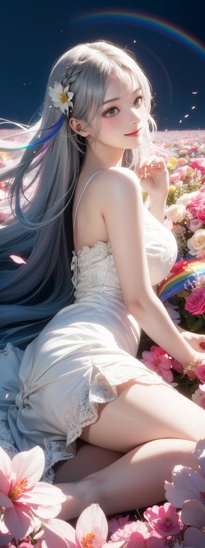 1girl, portrait, white lace dress, silver hair, long hair, windy, floating hair,lying on flower fiels, smile, sharp focus,
(rainbow color flower field:1.1), from above, 
,cinematic angle,
,(masterpiece:1.2),(best quality:1.2),(very aesthetic:1.2),(absurdres:1.2),ai-generated,newest,intricate, ,delicate colors, illustration, bright colors, beautiful,vibrant colors, masterpiece, sharp focus, best quality, depth of field, cinematic lighting,  