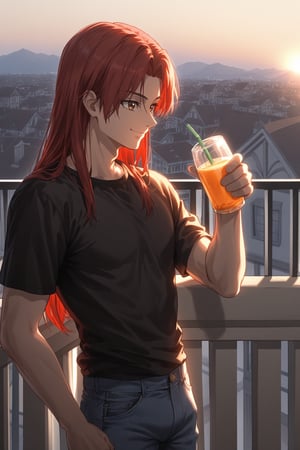 Boy,Athletic build,Volumetric lighting, dim,backlight, shadow light,very long red hair,brown eyes,smiling,black shirt ,jeans,balcony,holding a drink