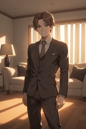 Boy,athletic build,Volumetric lighting, dim,backlight, shadow light, very long brown hair,brown eyes,,smiling,suit, living room