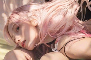 (ultra realistic,best quality),photorealistic,Extremely Realistic, in depth, cinematic light,hubgwomen,hubg_beauty_girl, 1girl , splash detailed, surreal dramatic lighting shadow (lofi, analog), kodak film by Brandon Woelfel Ryan McGinley, moment eyes, beautiful face, sexy girl , mid body,green eyes, pink hair, white dress intricate background, realism,realistic,raw,analog,portrait,photorealistic,HUBGGIRL