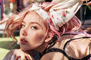 (ultra realistic,best quality),photorealistic,Extremely Realistic, in depth, cinematic light,hubgwomen,hubg_beauty_girl, 1girl , splash detailed, surreal dramatic lighting shadow (lofi, analog), kodak film by Brandon Woelfel Ryan McGinley, moment eyes, beautiful face, sexy girl , mid body,green eyes, pink hair, white dress intricate background, realism,realistic,raw,analog,portrait,photorealistic,HUBGGIRL