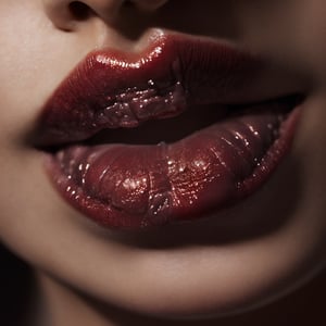 Tamanna Bhatia's full lips take center frame, the camera capturing every curve and contour in an extreme close-up shot. The lips, a rich brownish red hue, glisten with subtle moisture, evoking the appearance of luscious plum fruit. Soft focus blurs the background, drawing attention to the subject's sensual pout.